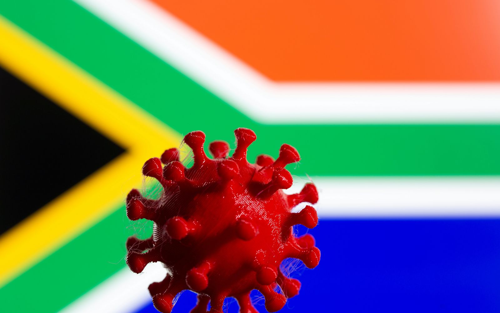 نموذج فيروس كورونا مطبوع ثلاثي الأبعاد أمام علم جنوب إفريقيا المعروض في هذا الرسم التوضيحي تم التقاطه في 9 فبراير 2021 - REUTERS