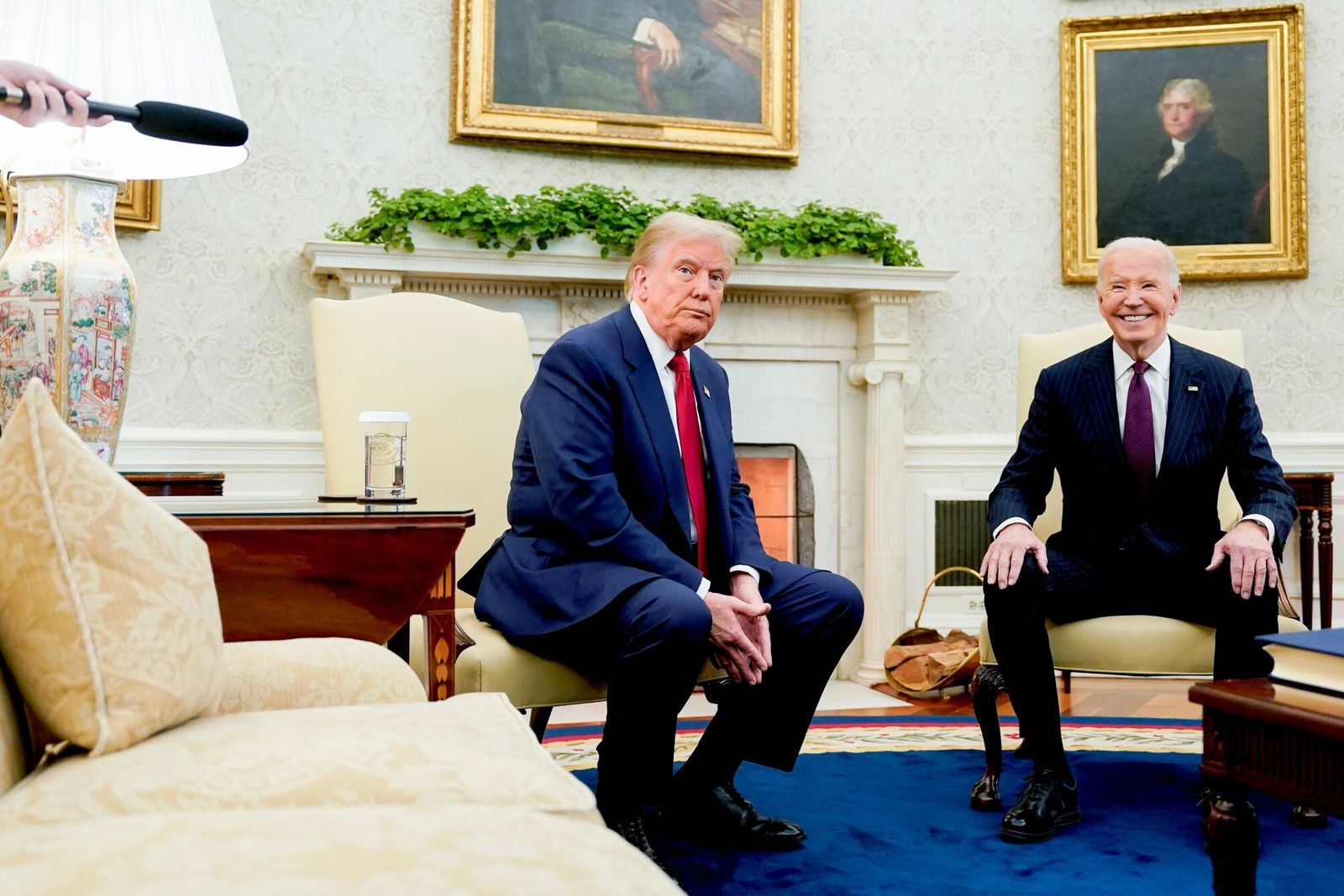 US President Joe Biden, right, and President-elect Donald Trump during a meeting in the Oval Office of the White House in Washington, DC, US, on Wednesday, Nov. 13, 2024. Biden will argue in favor of continued US aid to Ukraine during the transition to President-elect Donald Trump's administration, according to national security advisor Jake Sullivan. Photographer: Al Drago/Bloomberg