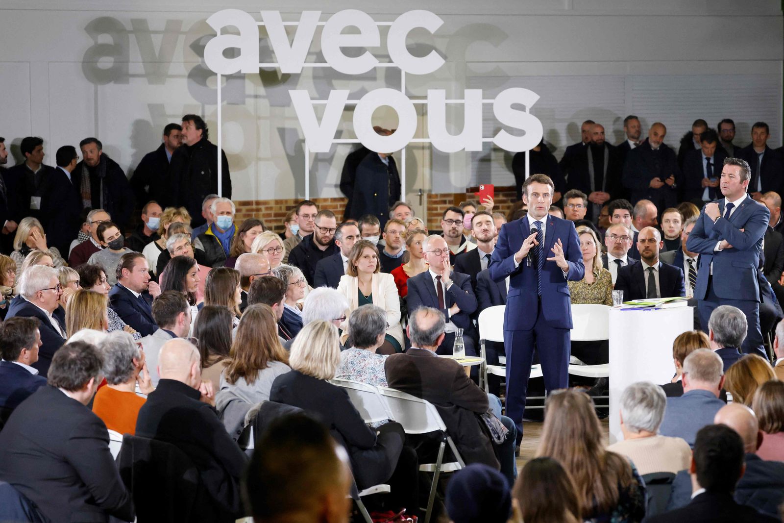 France's President Emmanuel Macron, French liberal party La Republique en Marche (LREM) candidate to his succession, speaks during a 