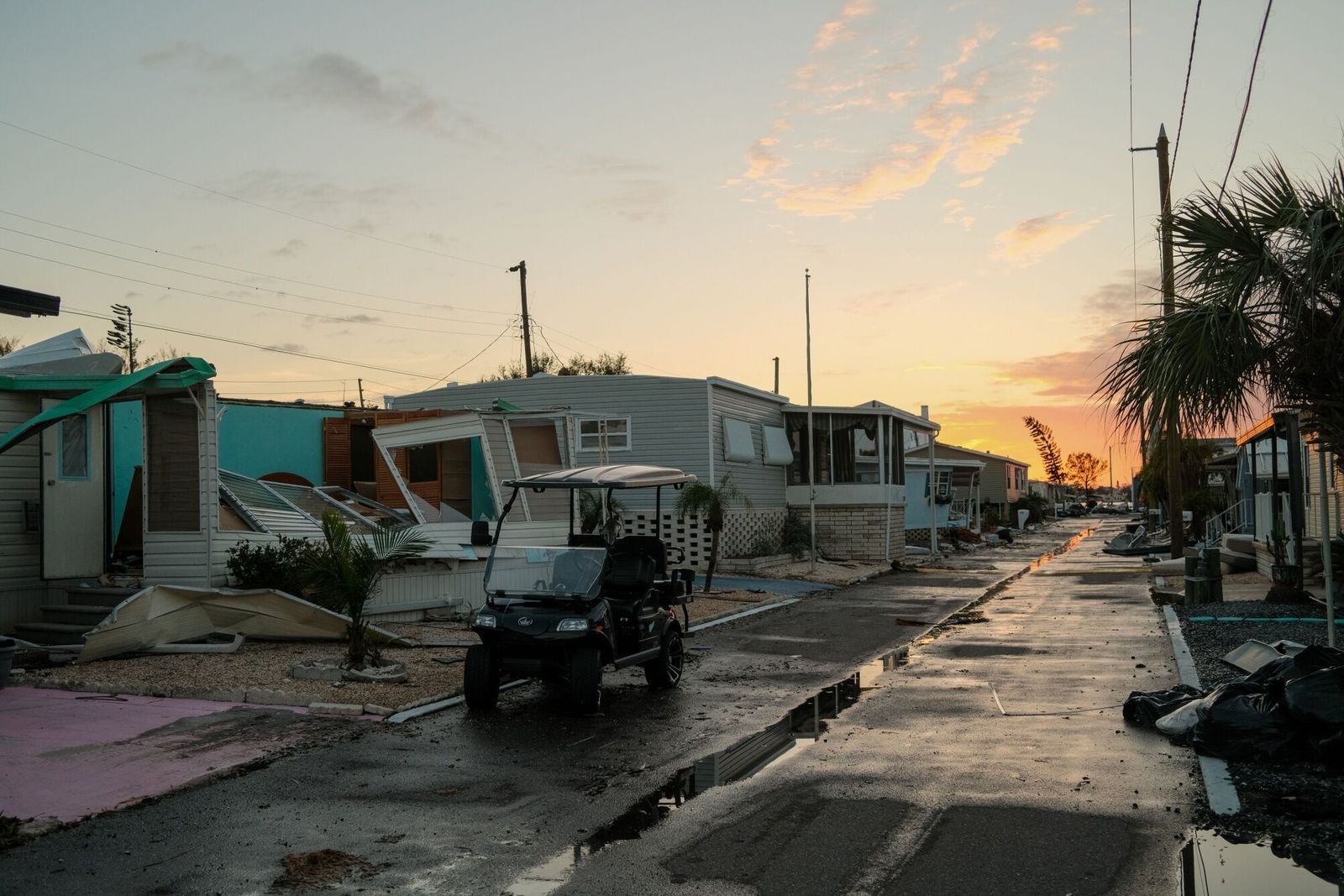 A damaged mobile home park after Hurricane Milton in St. Petersburg, Florida, US, on Thursday, Oct. 10, 2024. As skies began to clear across Florida Thursday, they offered a first glimpse of Hurricane�Milton�s�devastating toll � millions without power, crops damaged, homes destroyed and at least 10 people dead. Photographer: Tristan Wheelock/Bloomberg