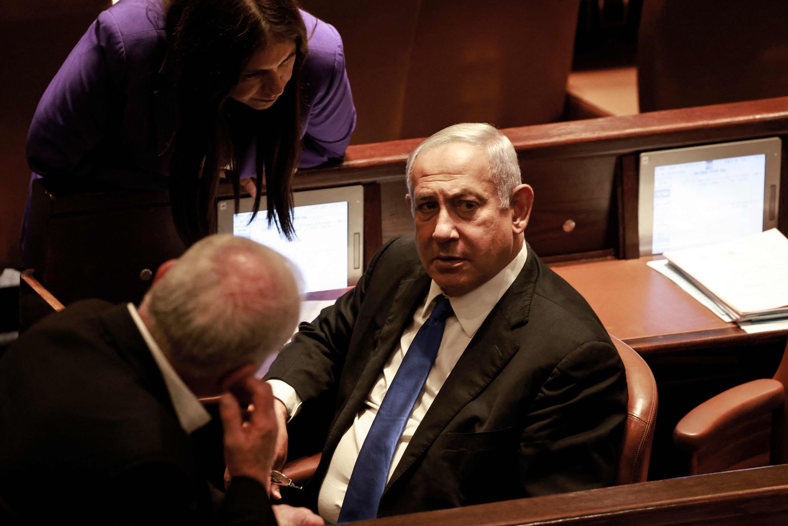 Israeli former prime minister Benjamin Netanyahu attends a meeting at the Knesset (parliament), in Jerusalem on June 30, 2022. - Final approval of the parliament dissolution bill was initially expected by midnight but was postponed to June 30 as coalition and opposition lawmakers sparred over last-minute legislative details, several sources familiar with the parliamentary said. (Photo by Menahem KAHANA / AFP) - AFP