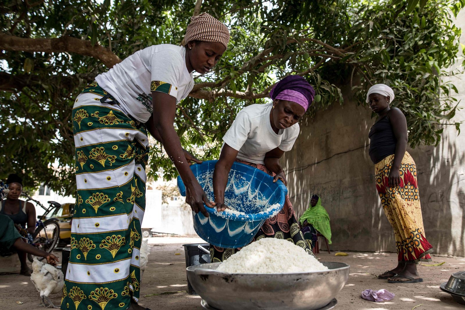 Two internally displaced women prepare food in the village of Bujinha on March 15, 2022. - On Sunday March 13, 2022, Senegal launched a military operation against the Movement of Democratic Forces of Casamance (MFDC) separatists along the border Senegal and Gambia displacing hundreds of Senegalese and Gambian families into Gambia. (Photo by MUHAMADOU BITTAYE / AFP) - AFP