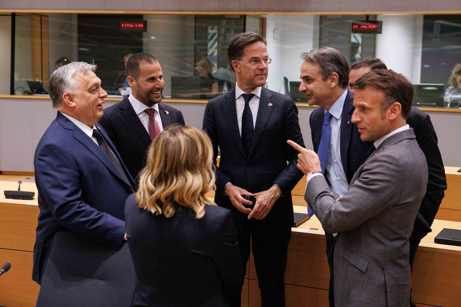 Viktor Orban, Hungary's Prime Minister, from left, Robert Abela, Malta's Prime Minister, Giorgia Meloni, Italy's Prime Minister, Mark Rutte, the Netherlands' Prime Minister, Kyriakos Mitsotakis, Greece's Prime Minister, and Emmanuel Macron, France's President, before a roundtable at a Special European Council summit in Brussels, Belgium, on Wednesday, April 17, 2024. The European Union's waning clout versus major geopolitical rivals is sounding alarm bells in Europes capitals, compelling leaders to discuss a radical transformation to boost the blocs competitiveness in a hostile world. Photographer: Simon Wohlfahrt/Bloomberg