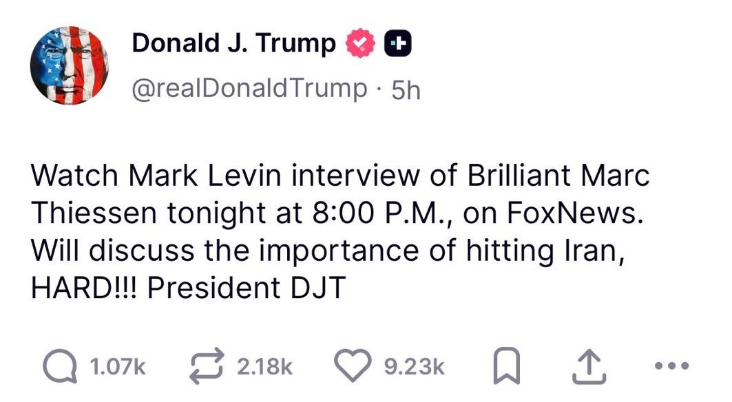 منشور ترمب على تروث شوشيال يشجع الأميركيين على مشاهدة برنامج مارك ليفين. 28 مارس 2026