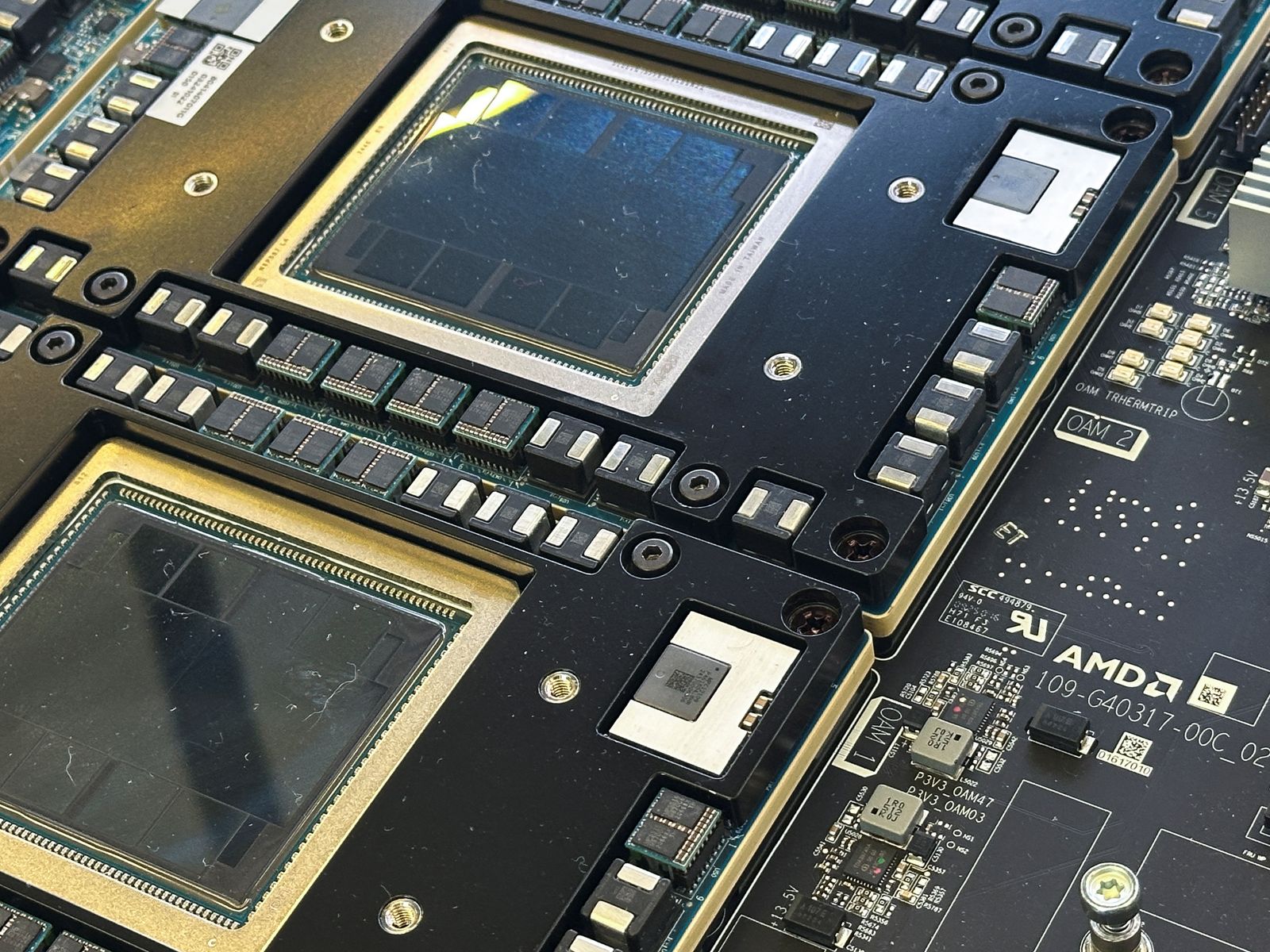 An Advanced Micro Devices (AMD) MI350 series artificial intelligence chip is displayed at the San Jose McEnery Convention Center, in San Jose, California, U.S.,  June 12, 2025. REUTERS/Max A. Cherney