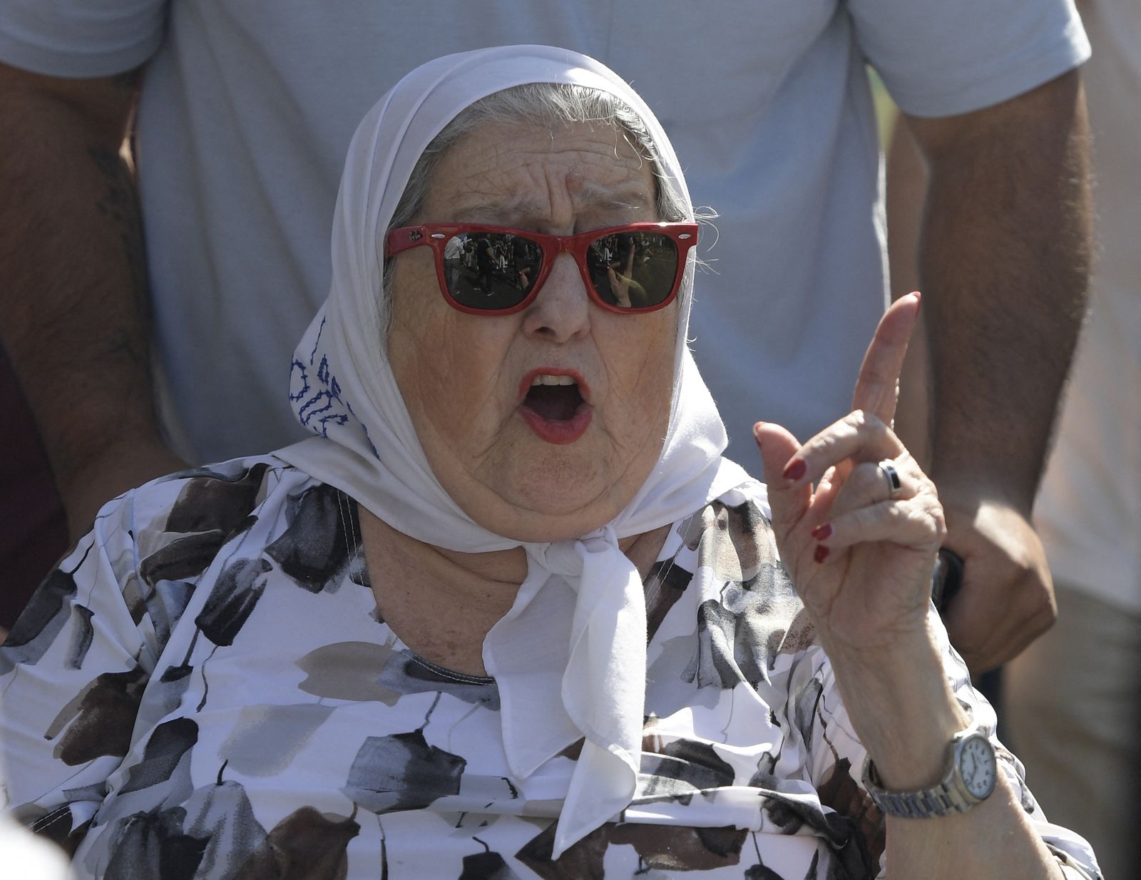 (FILES) In this file photo taken on December 08, 2016 The president of the human rights organization Madres de Plaza de Mayo, Hebe de Bonafini, leads a 24-hour demonstration, the 