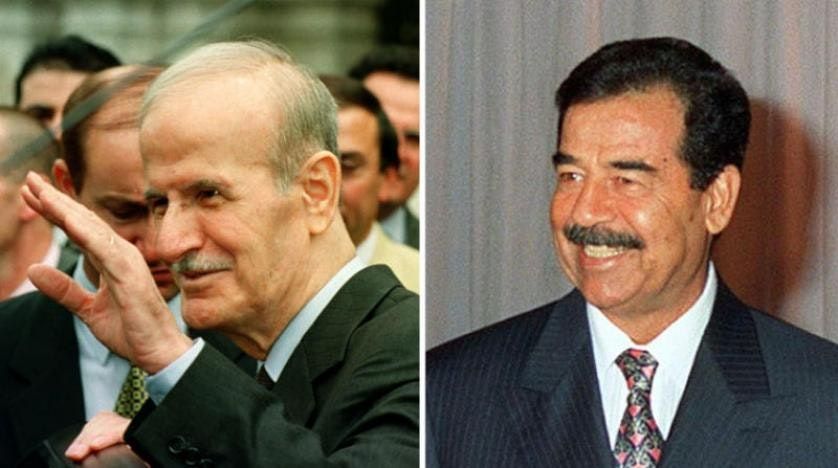 الرئيس العراقي الراحل صدام حسين والرئيس السوري الراحل حافظ الأسد  - AFP