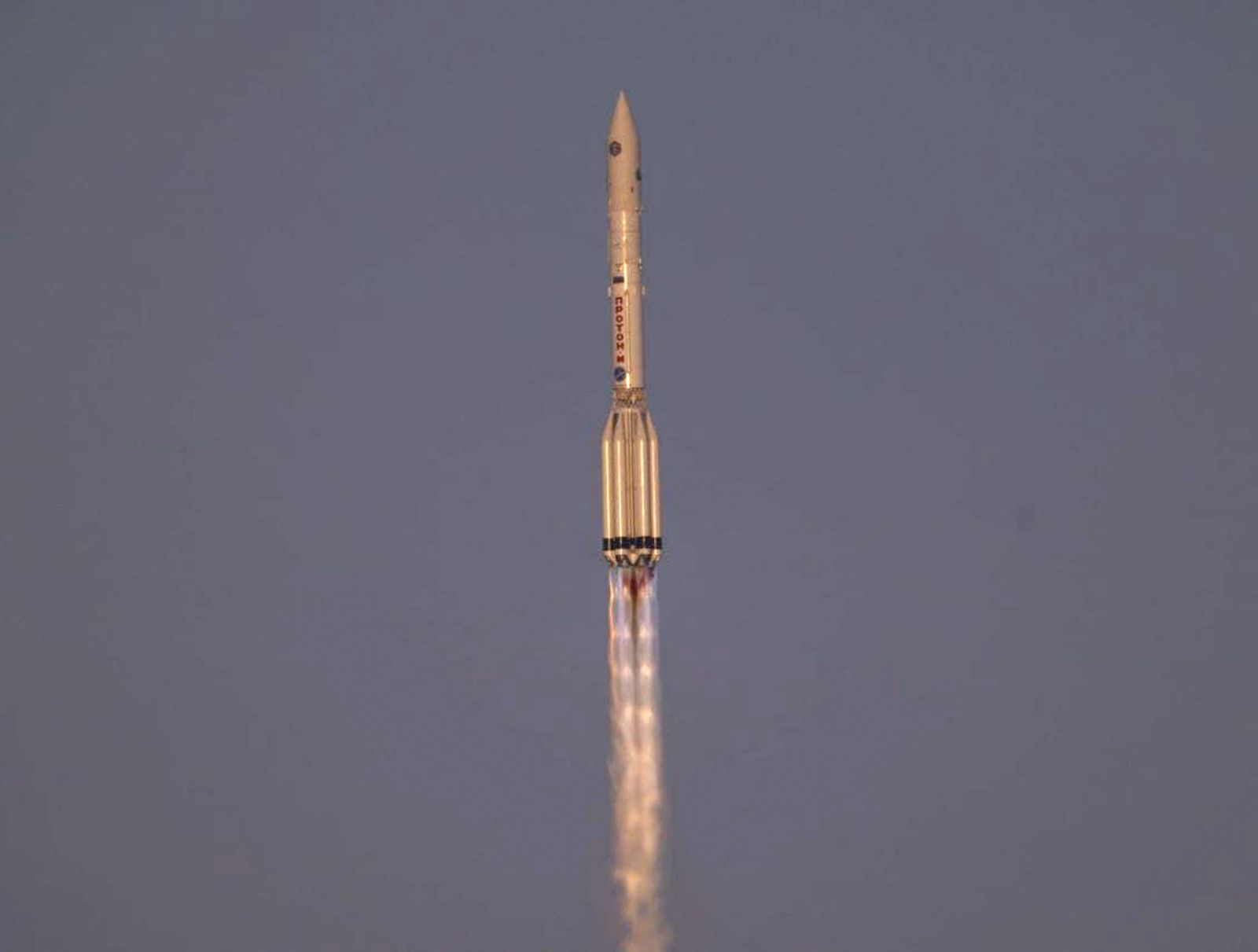 This handout photograph taken and released by the Russian Space Agency Roscosmos on July 21, 2021, shows a Russian Proton-M rocket carrying the Dutch European Robotic Arm and the Russian Multipurpose Laboratory Module 