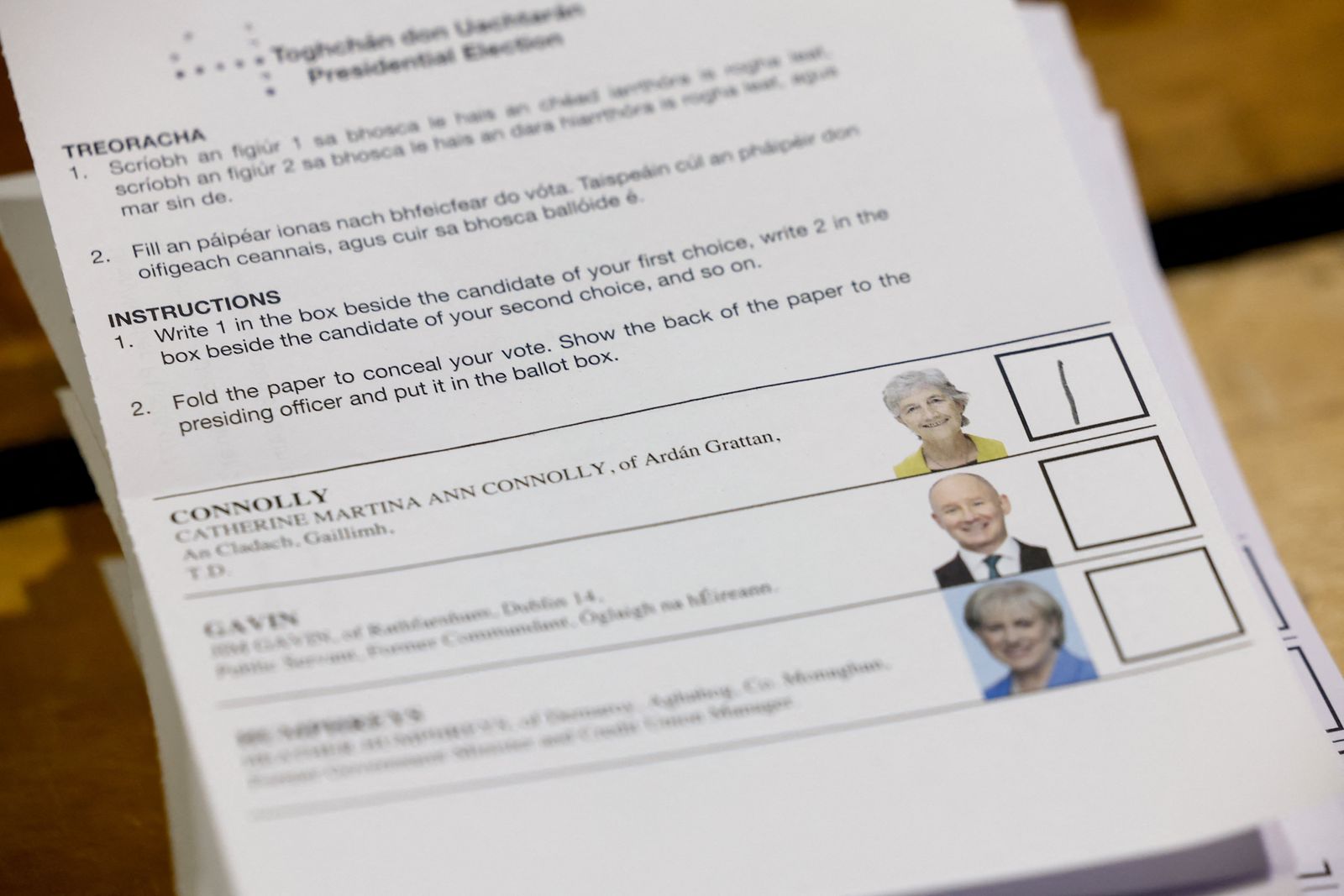 A first preference vote for Independent Presidential candidate Catherine Connolly on a ballot, during the vote counting process, at the count centre for the Irish presidential election, in Dublin, Ireland, October 25, 2025. REUTERS/Clodagh Kilcoyne