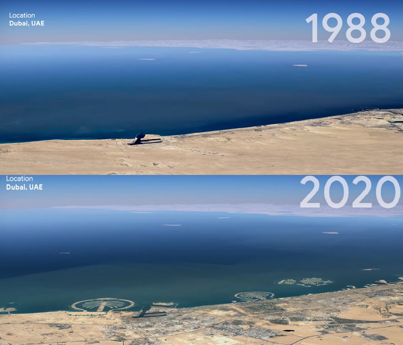 لقطة من ميزة غوغل مابس الجديدة Timelapse Mode توضح تطور مدينة دبي - جوجل مابس