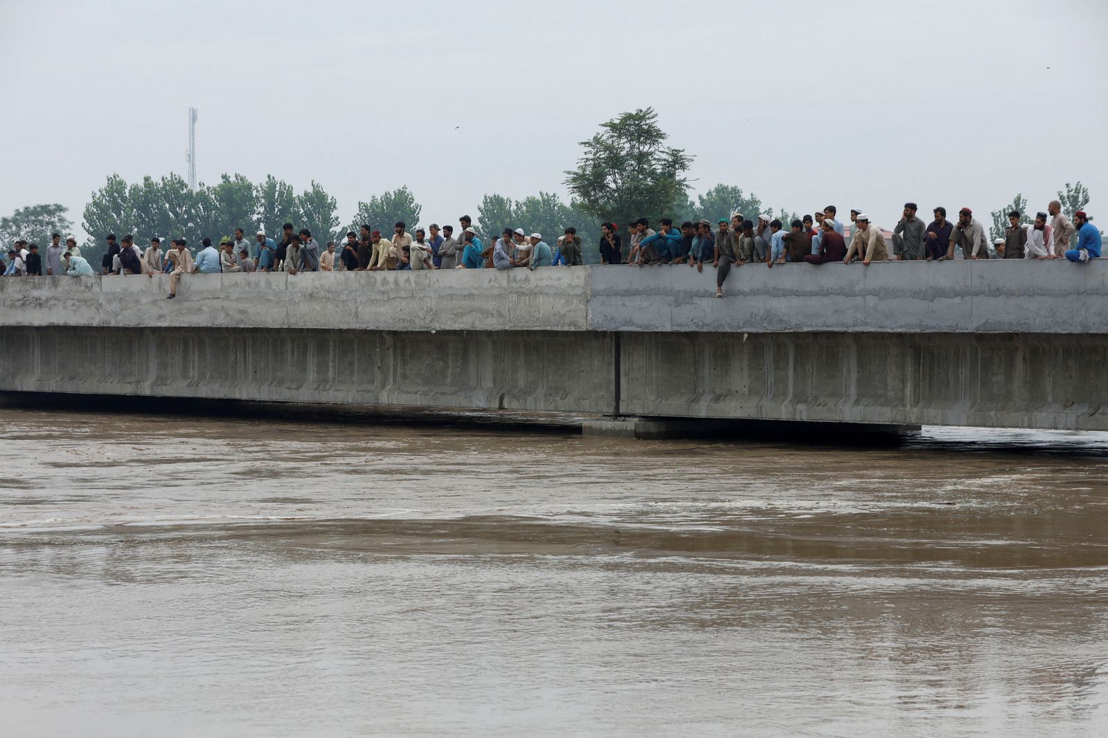 Men gather as they observe flood waters flow under a bridge, following rains and floods during the monsoon season in Charsadda - REUTERS