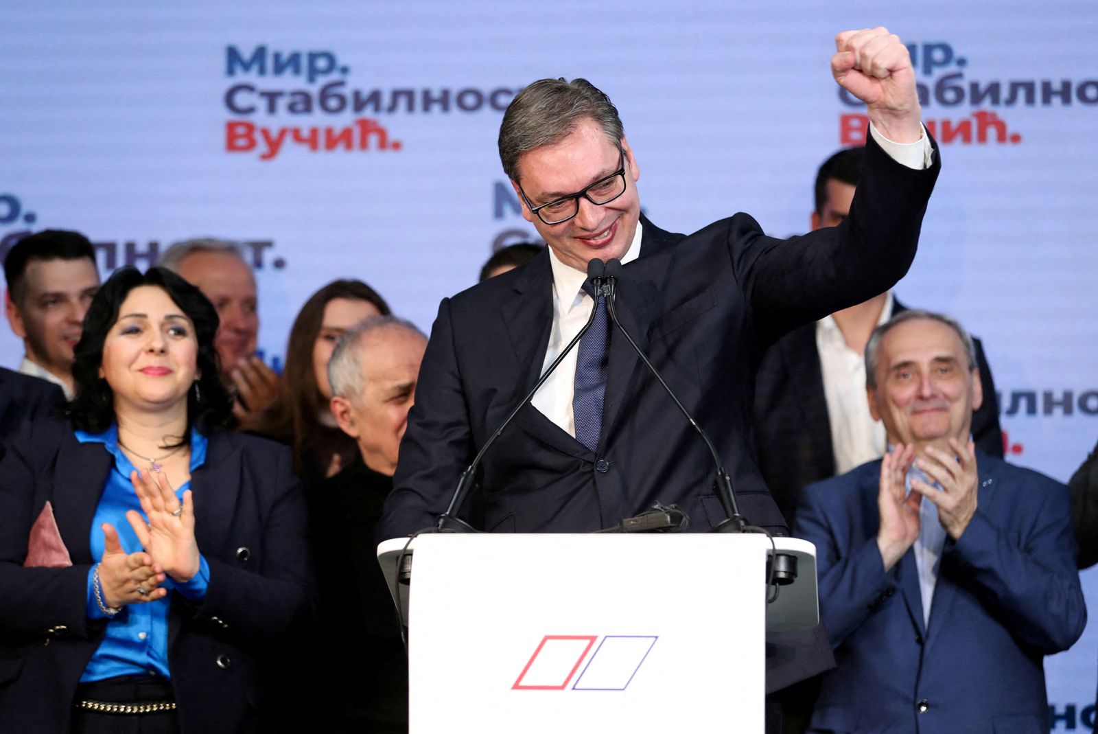 Serbian President and presidential candidate Aleksandar Vucic reacts after the results of the presidential election, in Belgrade, Serbia, April 3, 2022. REUTERS/Antonio Bronic     TPX IMAGES OF THE DAY - REUTERS