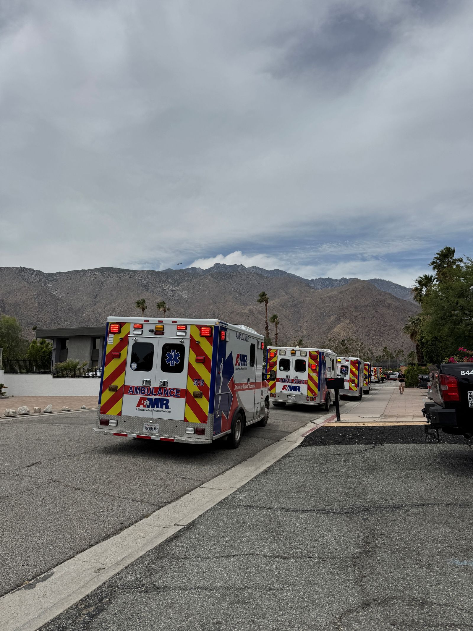Ambulances arrive at the scene after a bomb exploded near a reproductive health clinic in Palm Springs, California, U.S., May 17, 2025, in this picture obtained from social media. Luis Roman/@luisromanvlog via REUTERS  THIS IMAGE HAS BEEN SUPPLIED BY A THIRD PARTY. MANDATORY CREDIT. NO RESALES. NO ARCHIVES.