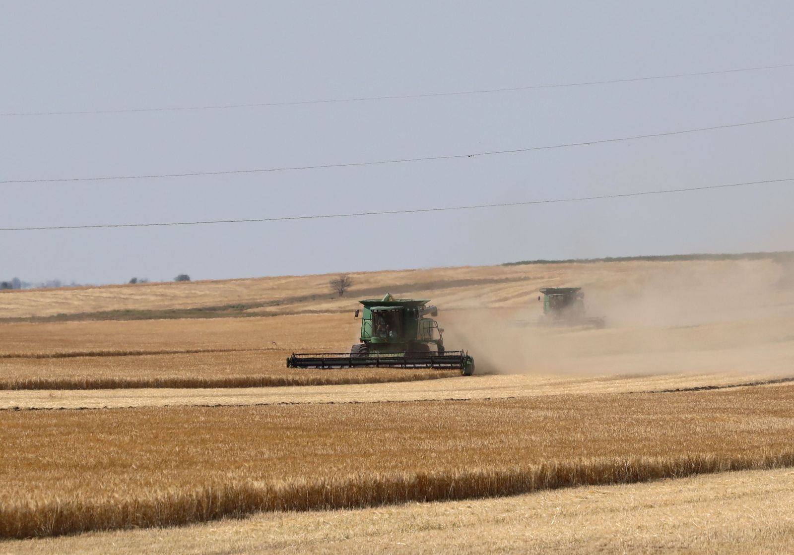 Combine harvesters harvest wheat on a field near Izmail, in the Odessa region on June 14, 2022, amid the Russian invasion of Ukraine. - In the Ukrainian port of Izmail, on the Danube river that marks the border with Romania, rows of trucks filled with grain stand in line. (Photo by Oleksandr GIMANOV / AFP) - AFP