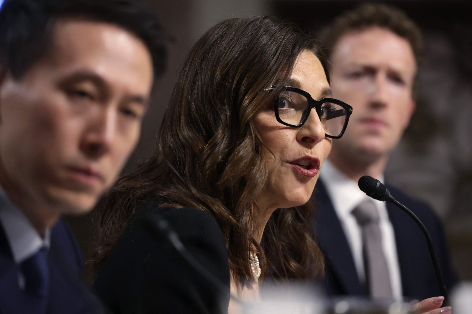 WASHINGTON, DC - JANUARY 31: (L-R) Shou Zi Chew, CEO of TikTok; Linda Yaccarino, CEO of X; and Mark Zuckerberg, CEO of Meta testify before the Senate Judiciary Committee at the Dirksen Senate Office Building on January 31, 2024 in Washington, DC. The committee heard testimony from the heads of the largest tech firms on the dangers of child sexual exploitation on social media.   Alex Wong/Getty Images/AFP (Photo by ALEX WONG / GETTY IMAGES NORTH AMERICA / Getty Images via AFP)