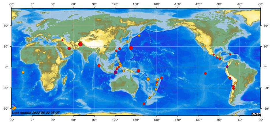 خريطة تظهر وقوع 58 زلزالاً أو هزة أرضية في مختلف أنحاء العالم خلال الـ48 ساعة الماضية 22 يونيو 2022. - مركز رصد الزلازل الأوروبي المتوسطي 