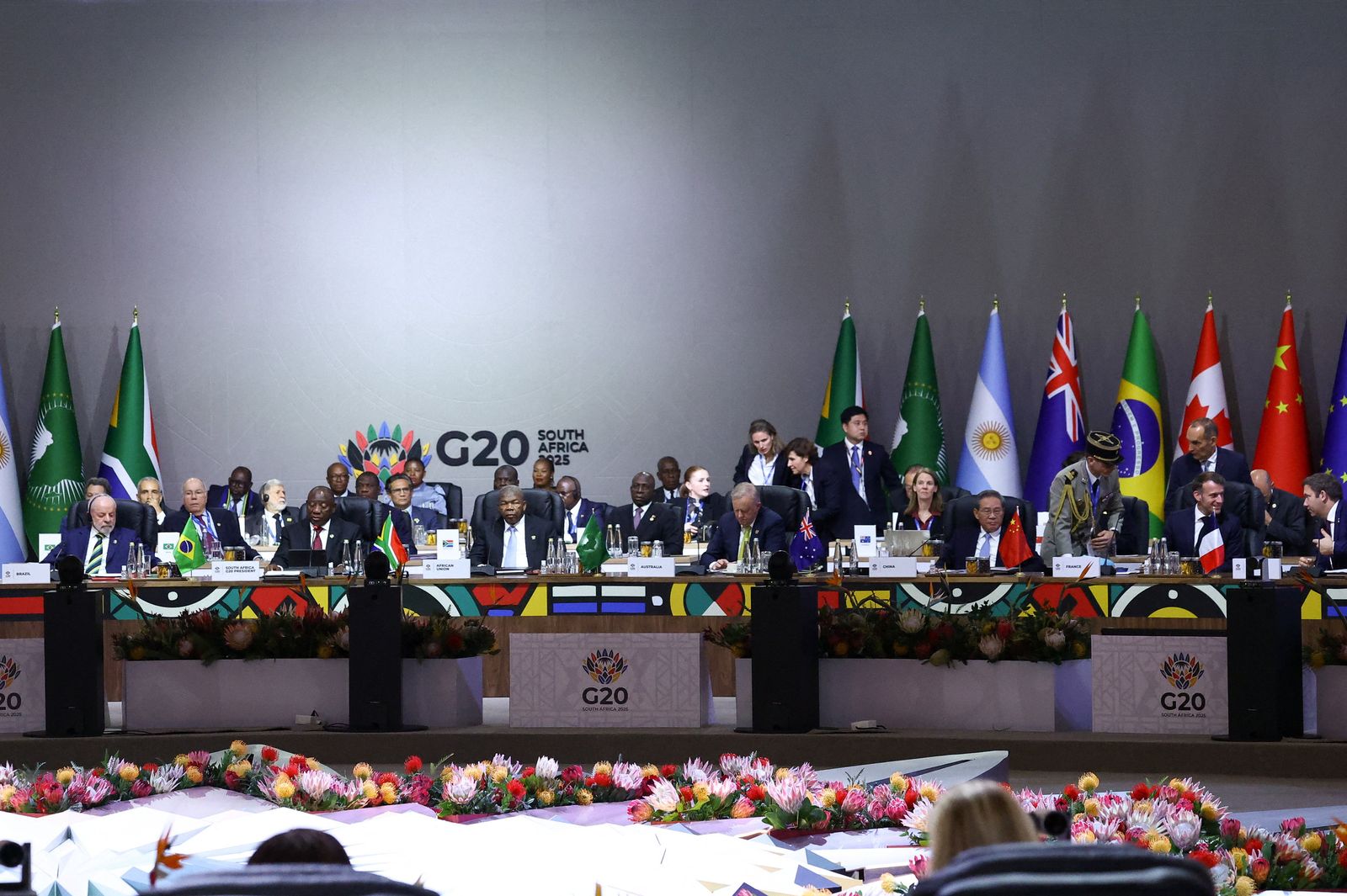 Leaders attend a plenary session on the opening day of the G20 Summit at the Nasrec Expo Centre in Johannesburg, South Africa, November 22, 2025. REUTERS/Yves Herman