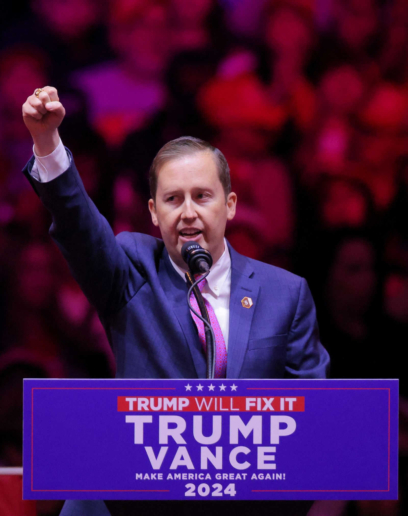 Sergio Gor speaks during a rally for Republican presidential nominee and former U.S. President Donald Trump at Madison Square Garden, in New York, U.S., October 27, 2024. REUTERS/Andrew Kelly