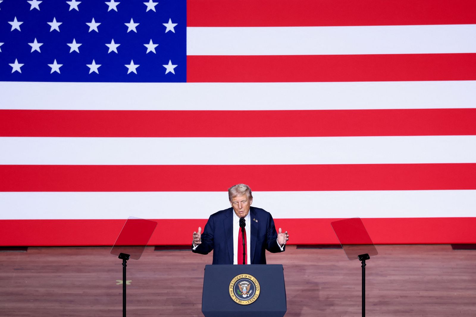U.S. President Donald Trump speaks during a meeting of senior military leaders convened by U.S. Defense Secretary Pete Hegseth, at Marine Corps Base Quantico in Quantico, Virginia, U.S., September 30, 2025. REUTERS/Kevin Lamarque