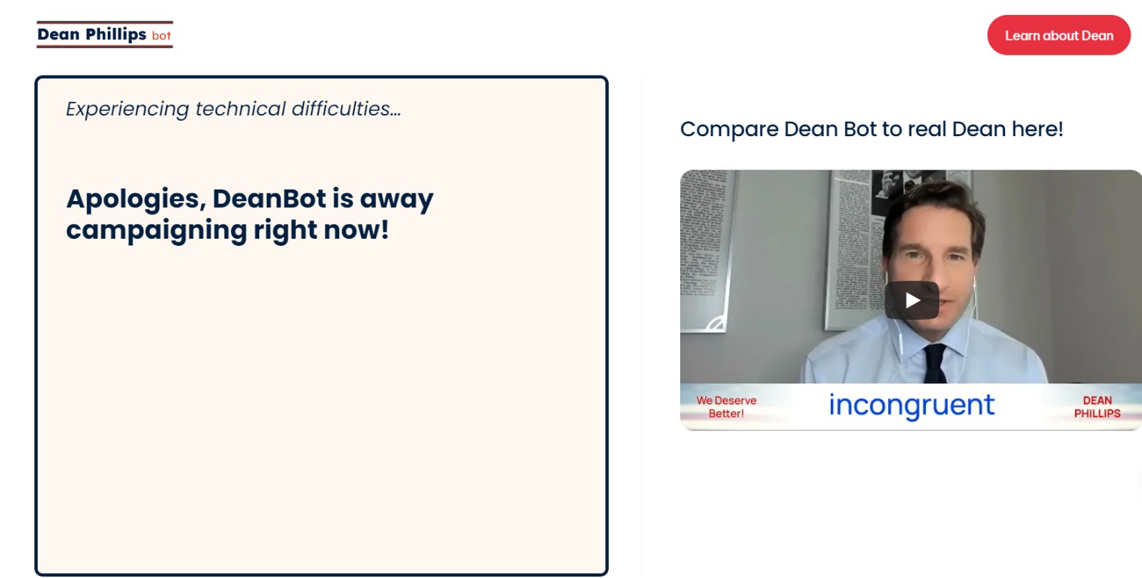 روبوت Dean Bot الذكي يحاكي المرشح الرئاسي الأميركي دين فيليبس بعد تعطيله من جانب مطورته Delphi عقب حظر وصولها لشات جي بي تي من جانب شركة أوبن إيه آي