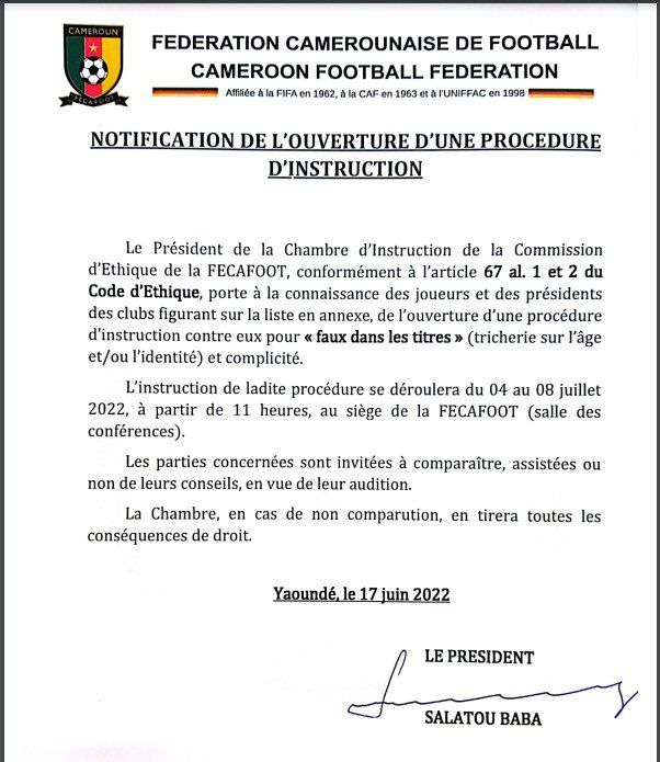 نُسخة من بيان الاتحاد الكاميروني لكرة القدم حول التحقيق في تزوير أعمار اللاعبين - www.afrik-foot.com/