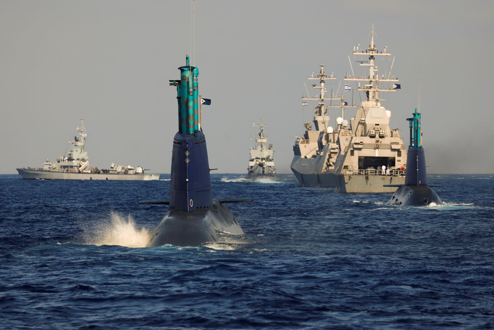 Leviathan and a second Israeli navy submarine are seen during a naval manoeuvre in the Mediterranean Sea off the coast of Haifa - REUTERS