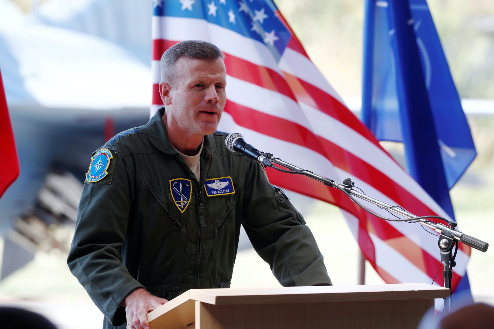 FILE PHOTO: General Tod Wolters, then U.S. Air Forces in Europe commander, speaks during NATO Baltic air policing mission takeover ceremony in Siauliai - REUTERS
