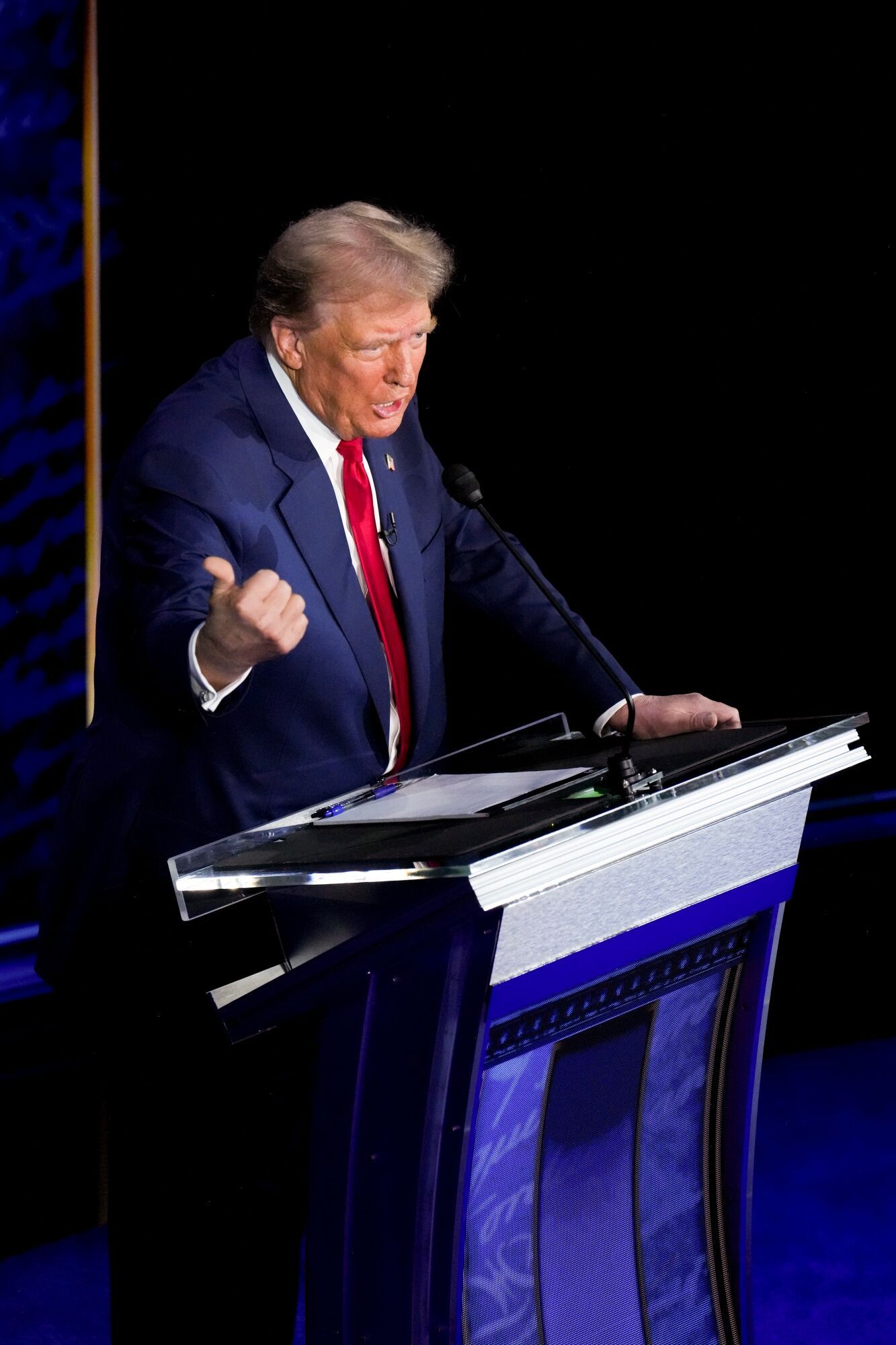 Former US President Donald Trump during the second presidential debate at the Pennsylvania Convention Center in Philadelphia, Pennsylvania, US, on Tuesday, Sept. 10, 2024. Trump and US Vice President Kamala Harris enter Tuesday's debate in search of the same goal, a moment that will help them gain the edge in a race polls show is essentially tied. Photographer: Doug Mills/The New York Time/Bloomberg