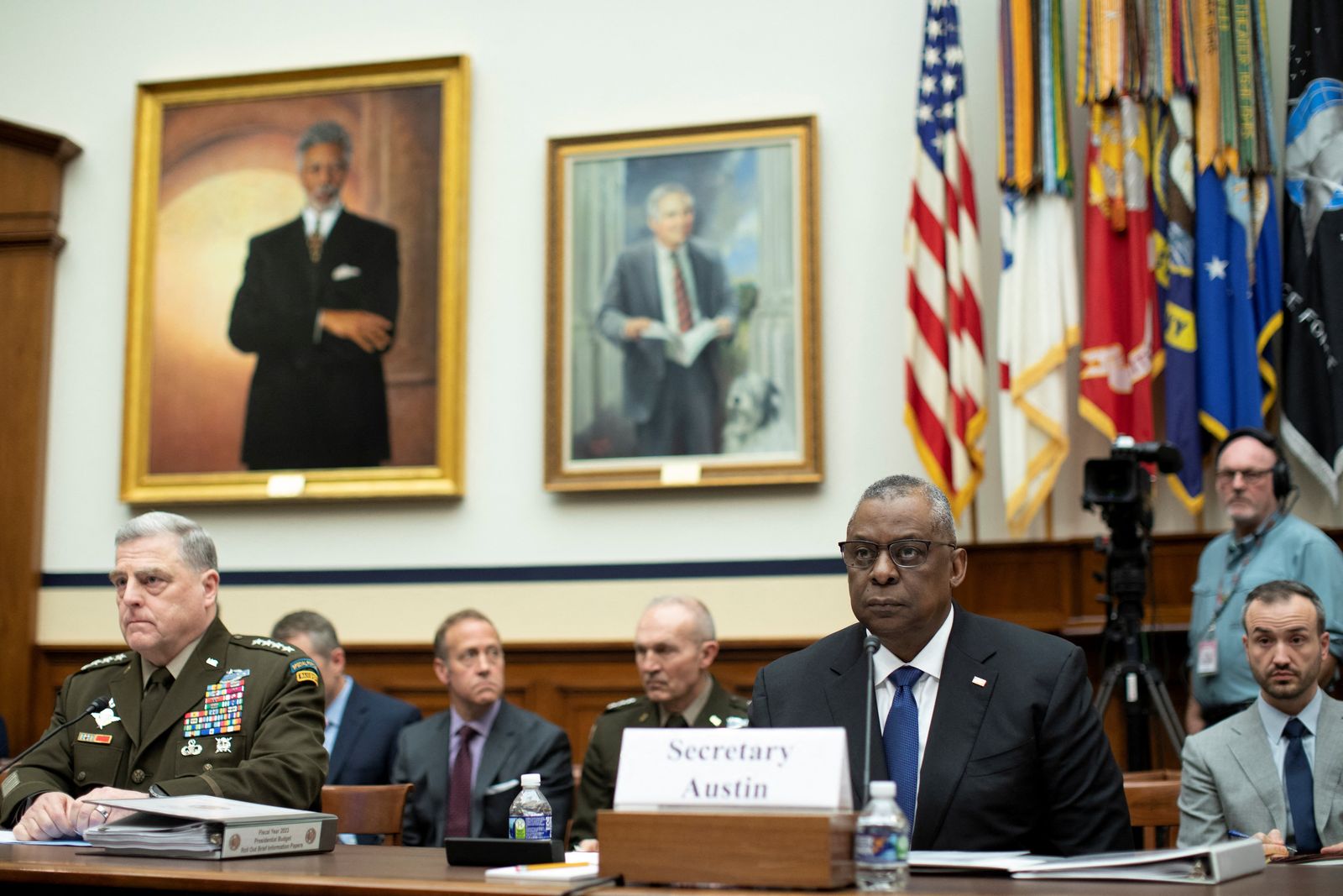 وزير الدفاع الأميركي لويد أوستن خلال جلسة استماع أمام لجنة القوات المسلحة بمجلس الشيوخ - 7 أبريل 2022 - REUTERS