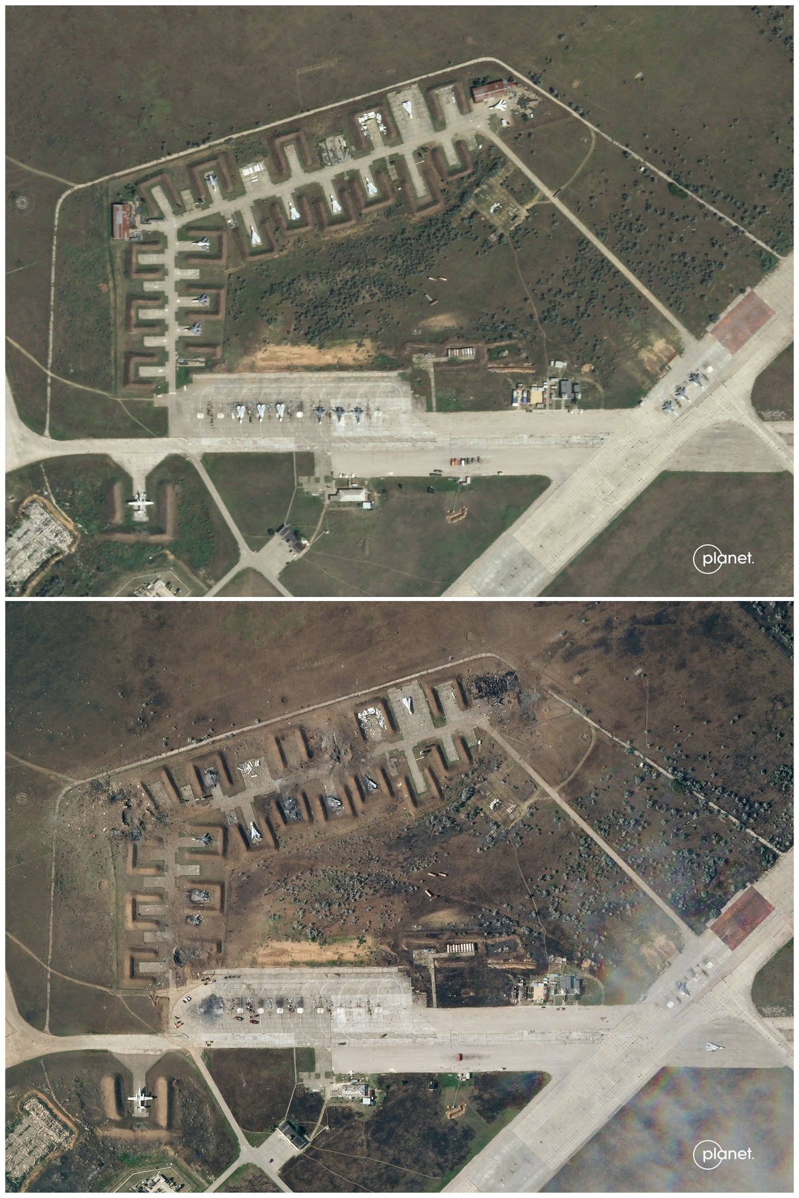 A combination photo shows satellite images of Saky air base in Crimea - via REUTERS
