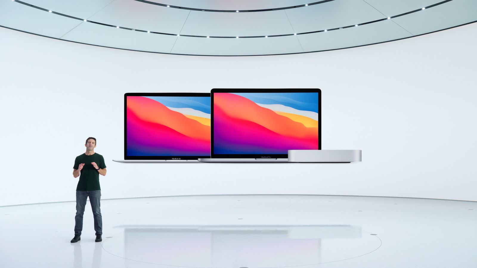 This handout released and taken on November 10, 2020 by Apple inc. shows Apple's vice president of Hardware Engineering John Ternus introducing three new Macs, kicking off the company's transition to its own custom silicon for the Mac during a special event at Apple Park in Cupertino, California. (Photo by Handout / Apple Inc. / AFP) / RESTRICTED TO EDITORIAL USE - MANDATORY CREDIT 