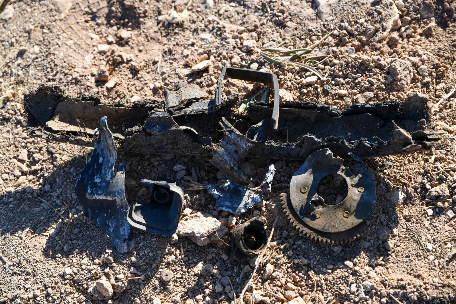 A picture shows debris at the site where a US drone targeted Maher al-Agal, a leader in the Islamic State militant group, near the village of Khaltan, near Jindires in northern Syria, on July 12, 2022. - A man US officials called the leader of the Islamic State militant group in Syria was killed Tuesday in a drone strike, the Pentagon said. Maher al-Agal was killed while riding a motorcycle near Jindires in northern Syria, and one of his top aides was 