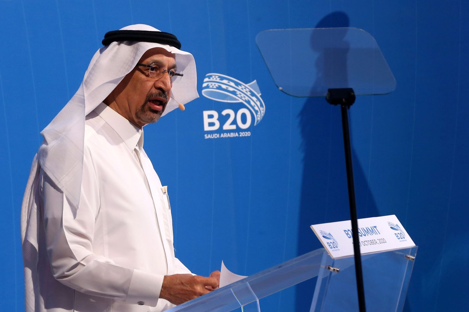 وزير الاستثمار السعودي خالد الفالح في اجتماع افتراضي لمجموعة B20، أحد اجتماعات مجموعة العشرين، الرياض، أكتوبر 2020  - REUTERS