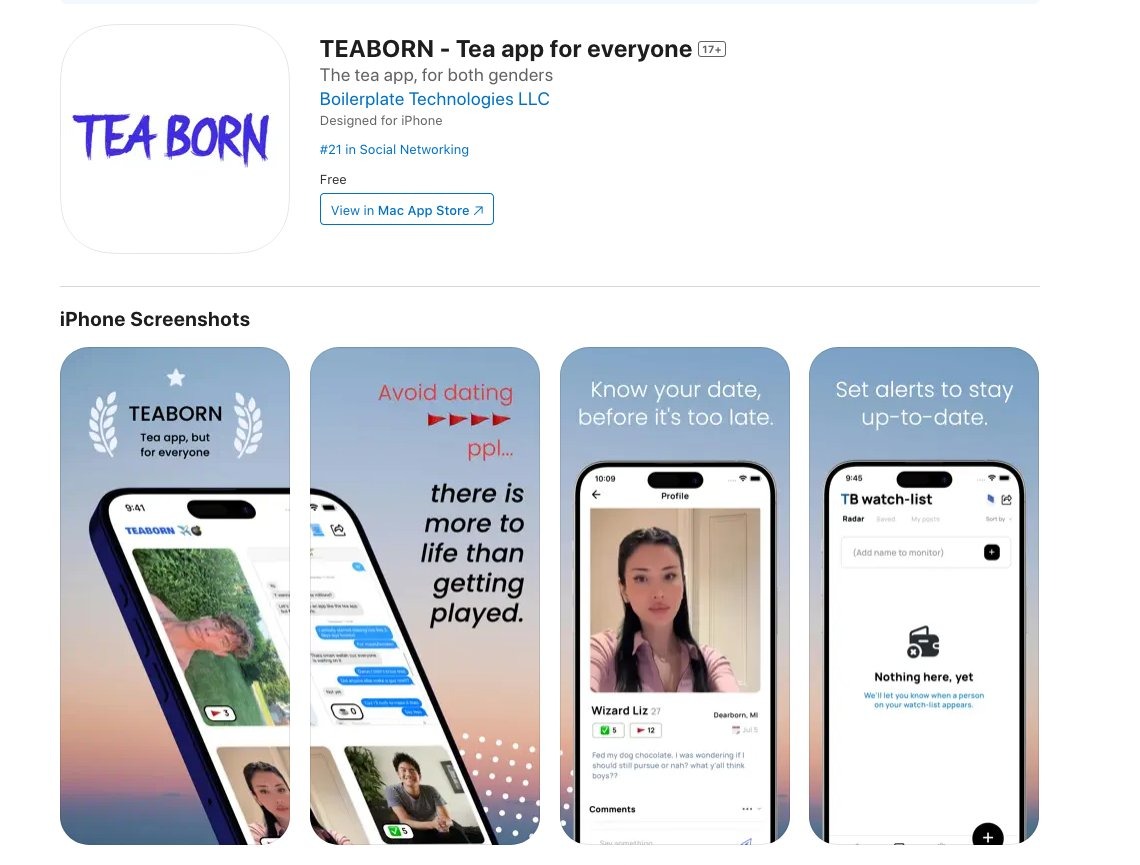 تطبيق TeaBorn قبل حذفه من متجر أبل. 25 يوليو 2025
