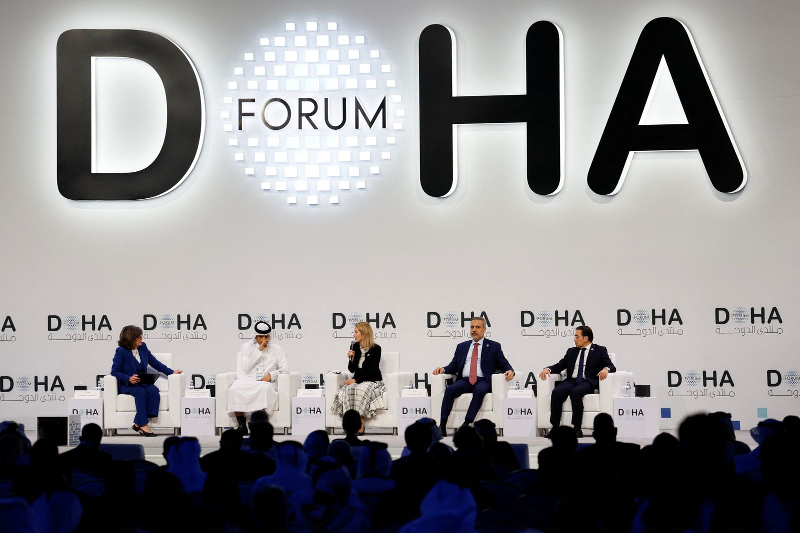 European Union High Representative for Foreign Affairs and Security Policy and European Commission Vice-President Kaja Kallas speaks, near Qatar's Prime Minister and Minister for Foreign Affairs Sheikh Mohammed bin Abdulrahman bin Jassim Al-Thani, Spain's Foreign Minister Jose Manuel Albares, Turkish Foreign Minister Hakan Fidan and journalist Christiane Amanpour, as they attend the first day of the 23rd edition of the annual Doha Forum, in Doha, Qatar, December 6, 2025. REUTERS/Ibraheem Abu Mustafa