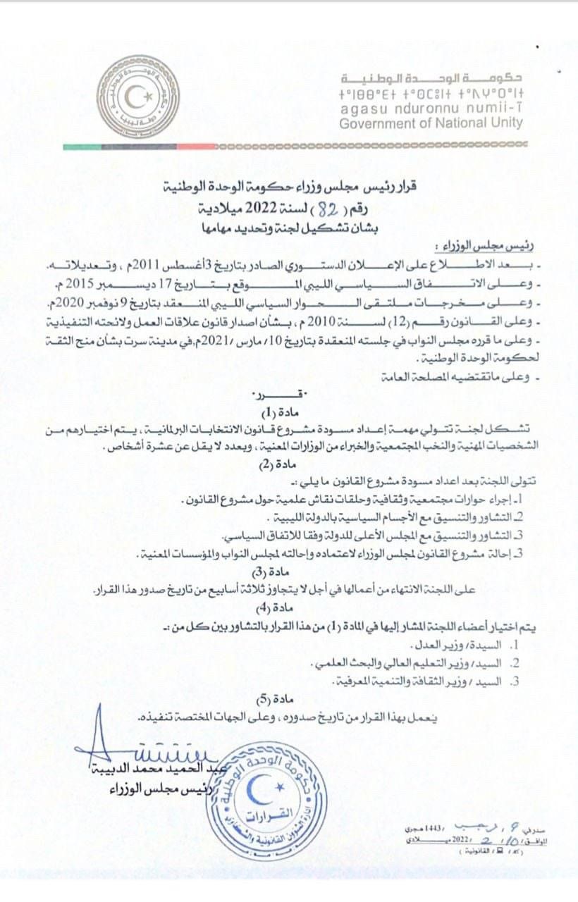قرار رئيس الحكومة الليبية المقال من قبل البرلمان عبد الحميد الدبيبة بتشكيل لجنة لإعداد قانون انتخابات جديد
