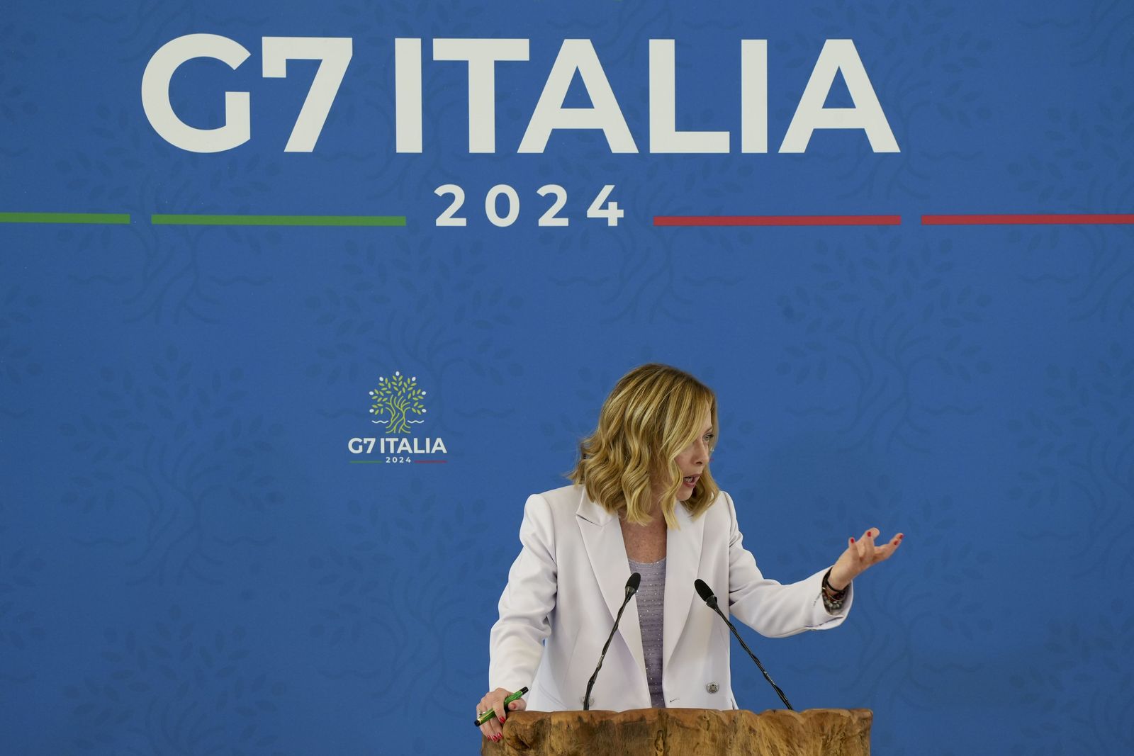 Giorgia Meloni, Italy's prime minister, speaks during a news conference on the final day of the Group of Seven (G-7) leaders summit at the Borgo Egnazia resort in Savelletri, Italy, on Saturday, June 15, 2024. It was�Meloni�s show and she made sure everyone knew it. As the politically wounded went home, the Italian prime minister making her debut as a Group of Seven host looked more at ease with the leaders of the Global South. Photographer: Francesca Volpi/Bloomberg