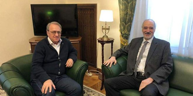 الممثل الخاص للرئيس الروسي لشؤون الشرق الأوسط وبلدان إفريقيا نائب وزير الخارجية ميخائيل بوجدانوف مع سفير سوريا في موسكو بشار الجعفري. 4 يناير 2023  - sana.sy