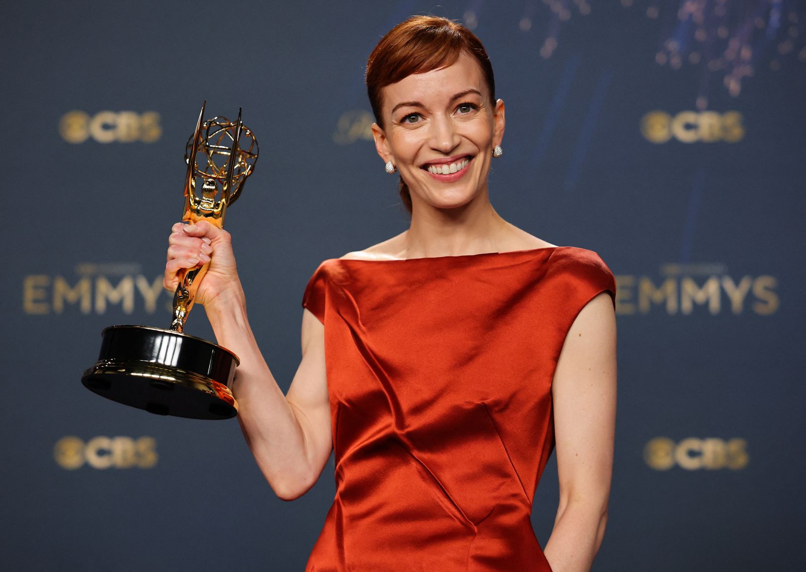Britt Lower poses with the Best Actress in a Drama Series award for Severance, at the 77th Primetime Emmy Awards in Los Angeles, California, U.S., September 14, 2025. REUTERS/Daniel Cole