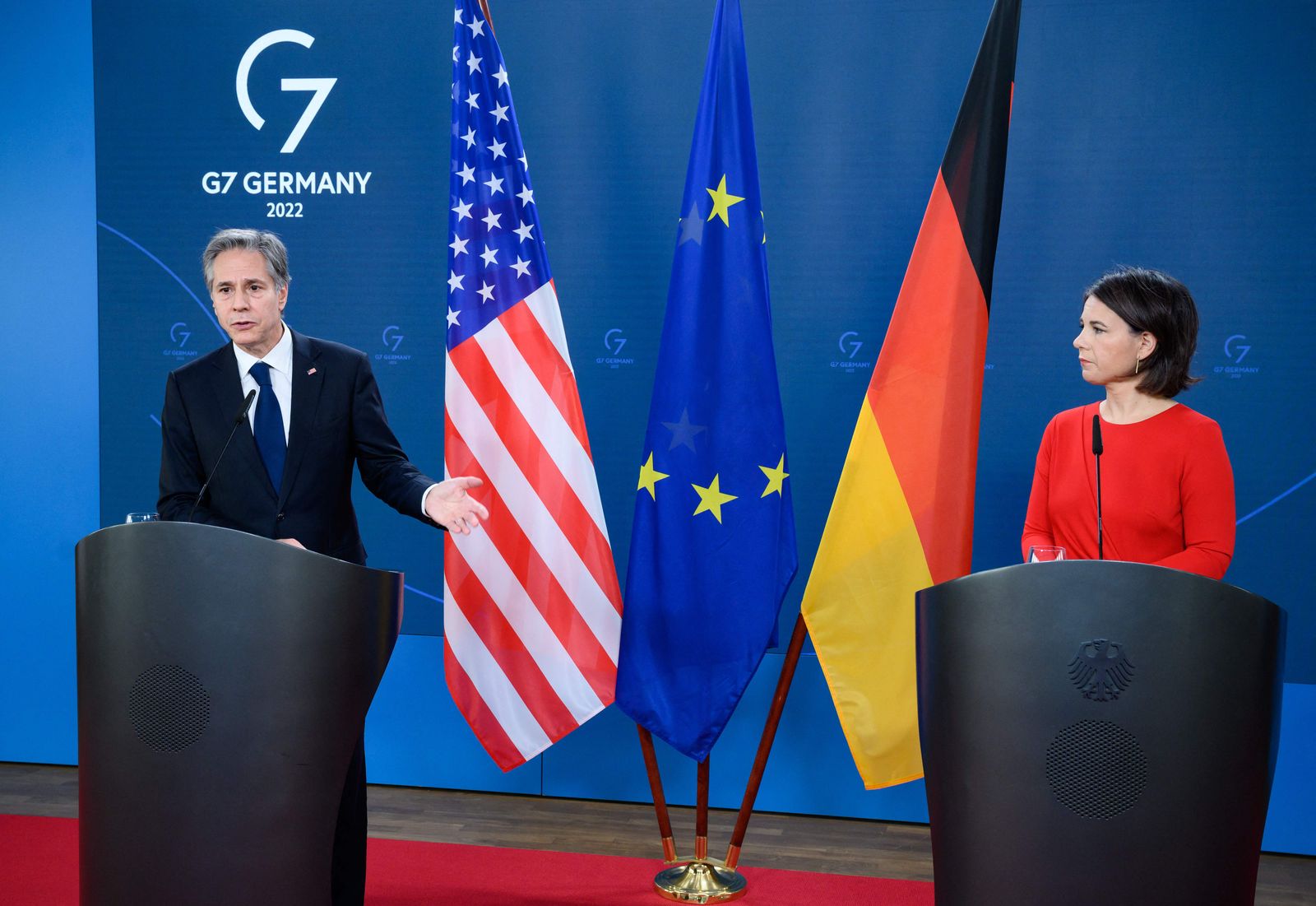 German Foreign Minister Annalena Baerbock (R) and US Secretary of State Antony Blinken address journalists following a meeting on June 24, 2022 at the Foreign Ministry in Berlin. (Photo by Bernd von Jutrczenka / POOL / AFP) - AFP