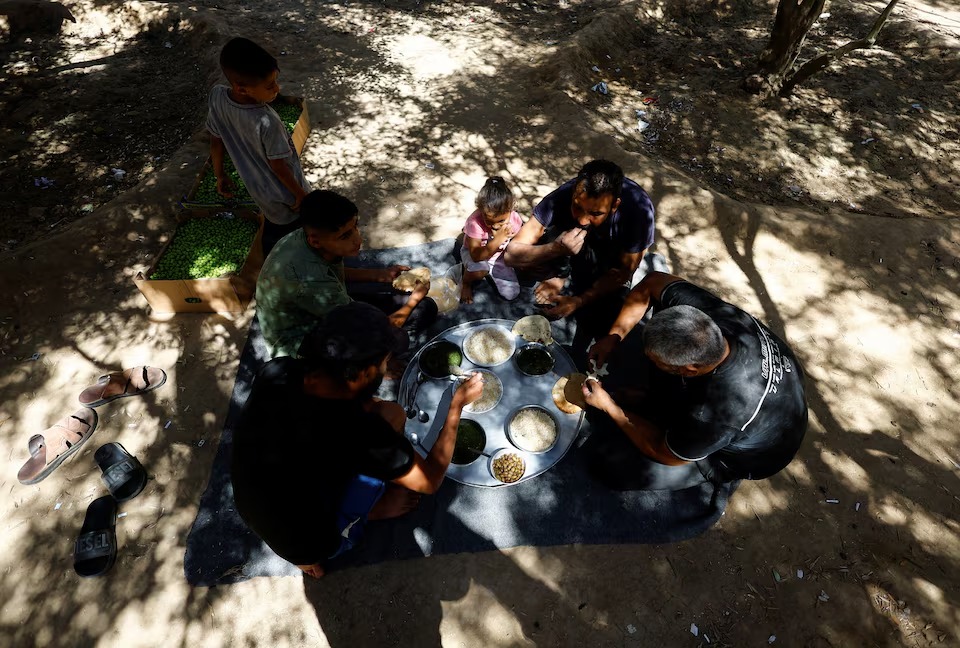فلسطينيون يتناولون الطعام في مزرعة زيتون، دير البلح، وسط قطاع غزة، فلسطين. 20 سبتمبر 2026