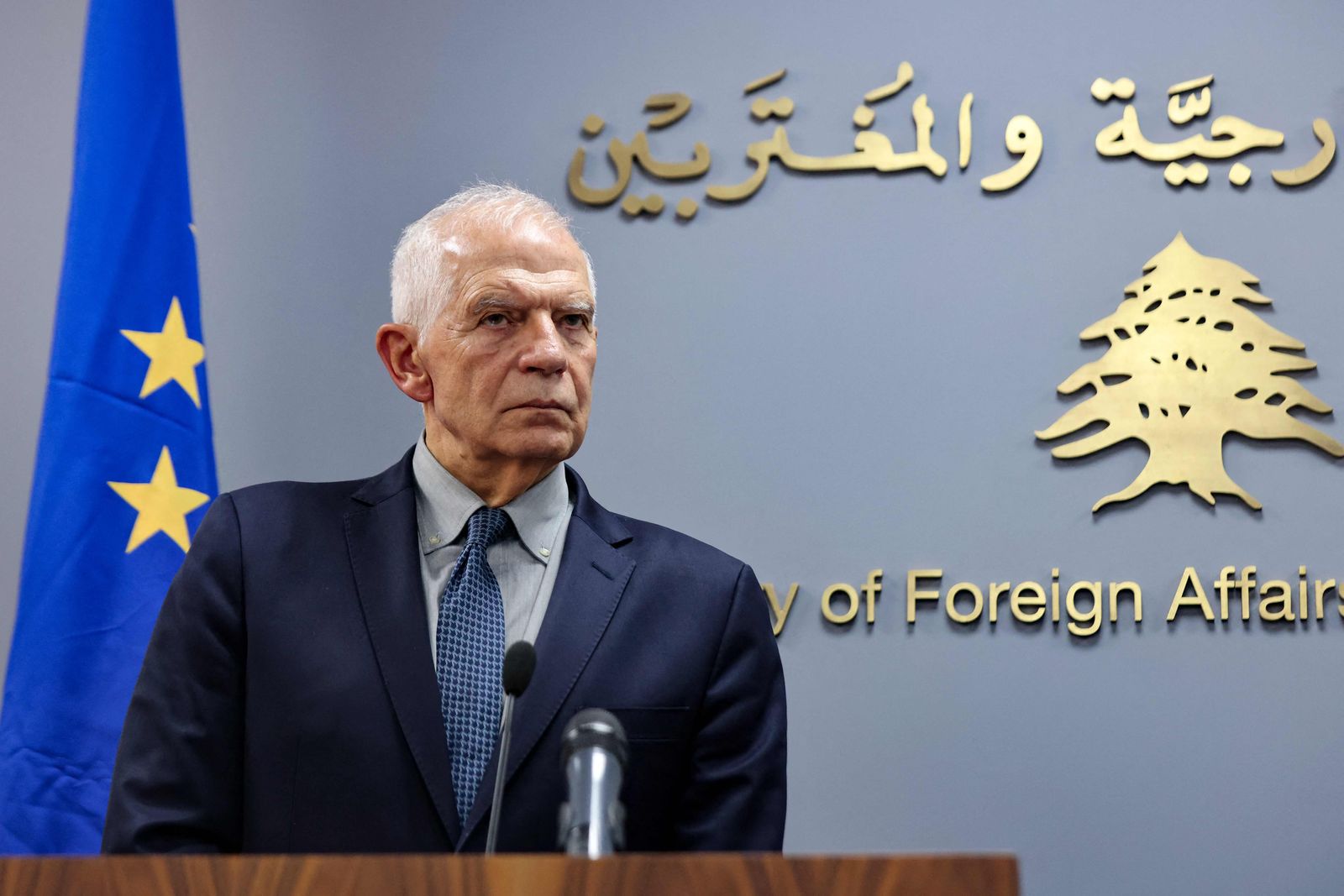 Josep Borrell, High Representative of the European Union for Foreign Affairs and Security Policy, speaks at a joint press conference with Lebanon's foreign minister following their meeting in Beirut on January 6, 2024. (Photo by anwar amro / AFP)