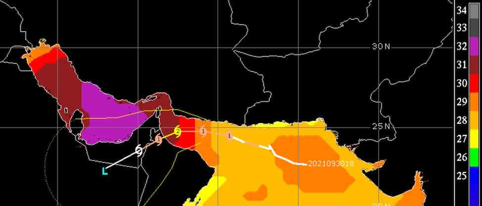 مسار إعصار شاهين يُظهر حرارة سطح البحر بالدرجة المؤية كما تنبأ به 