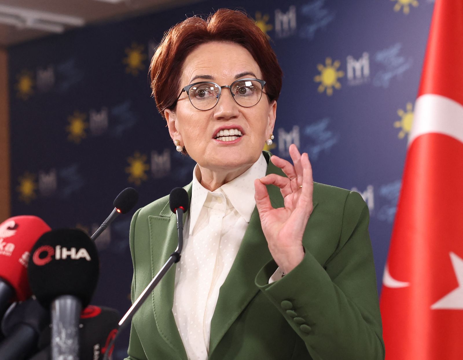 Leader of IYI Party, Meral Aksener, makes a statement at the party headquarters in Ankara, Turkey on March 3, 2023. (Photo by Adem ALTAN / AFP) - AFP