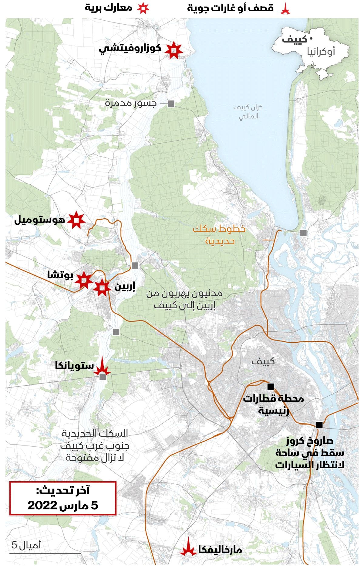 خريطة لمواقع الاشتباكات والقصف الروسي في عدد من المواقع بمحيط العاصمة الأوكرانية كييف - 5 مارس 2022 - 