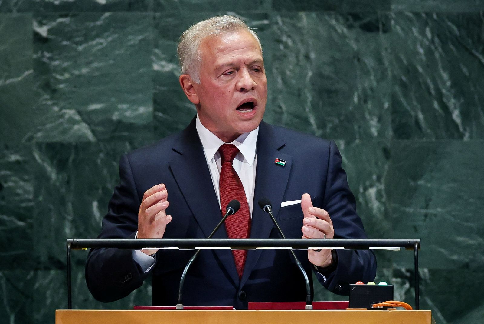 Jordan's King Abdullah addresses the 80th United Nations General Assembly at U.N. headquarters in New York, U.S., September 23, 2025.  REUTERS/MIKE SEGAR