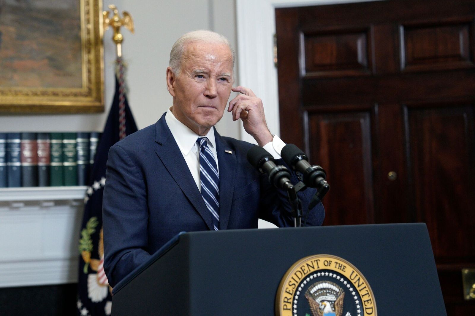 US President Joe Biden in the Roosevelt Room of the White House in Washington, DC, US, on Friday, Feb. 16, 2024. Biden laid the blame for the death of activist Alexey Navalny, a leading opposition voice against Vladimir Putin, on the Russian president and said the moment called for US resolve to back its allies, including Ukraine. Photographer: Yuri Gripas/Abaca/Bloomberg