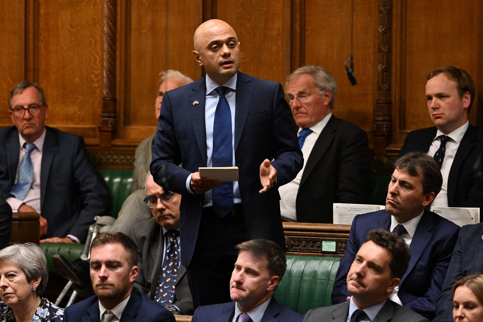 A handout photograph released by the UK Parliament shows Britain's outgoing health secretary Sajid Javid making a statement after the weekly session of Prime Minister's Questions (PMQs) at the House of Commons in London on July 6, 2022. (Photo by JESSICA TAYLOR / UK PARLIAMENT / AFP) / RESTRICTED TO EDITORIAL USE - NO USE FOR ENTERTAINMENT, SATIRICAL, ADVERTISING PURPOSES - MANDATORY CREDIT 