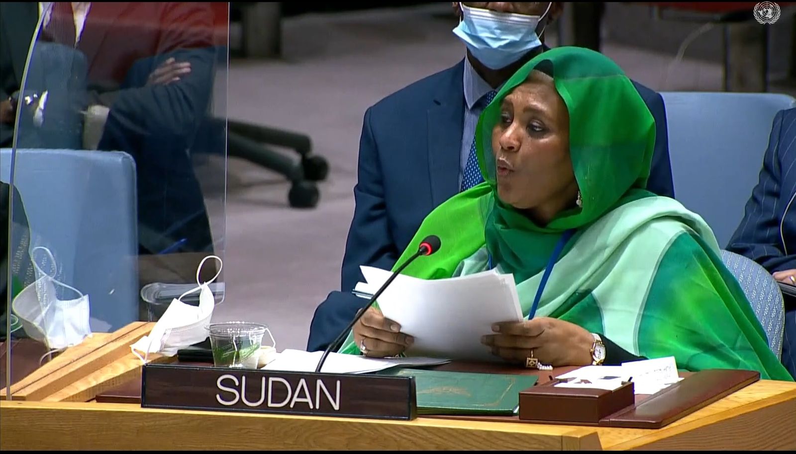 وزير الخارجية السودانية مريم الصادق المهدي تلقي كلمة خلال جلسة مجلس الأمن الدولي لبحث قضية سد النهضة. 8 يوليو 2021.
