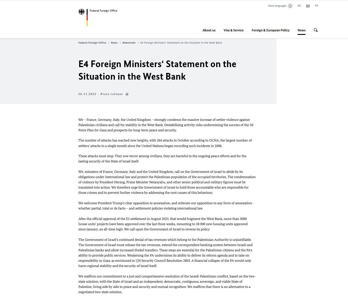 صورة لشاشة من موقع وزارة الخارجية الألمانية تظهر بيان الدول الأربع حول عنف المستوطنين في الضفة الغربية.